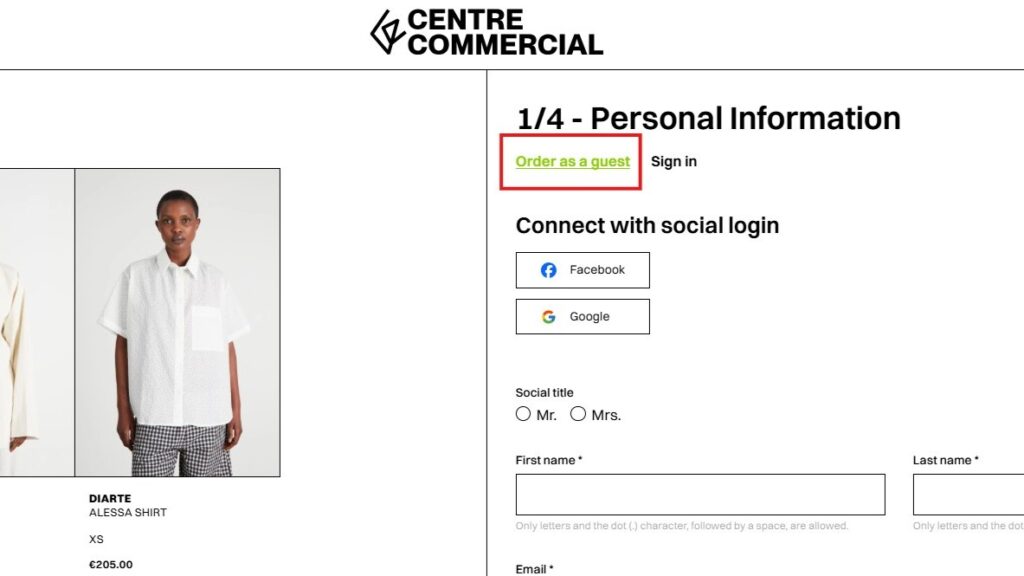 centre commercial guest checkout