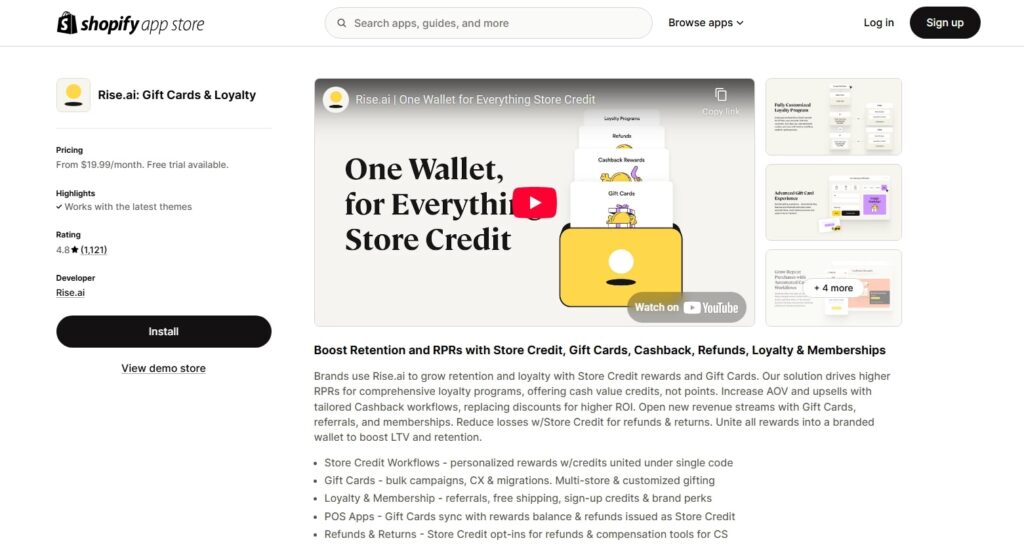 rise.ai gift cards loyalty shopify app screenshot