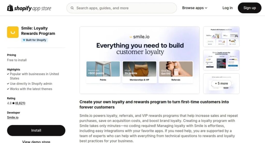 smile.io loyalty rewards program shopify app
