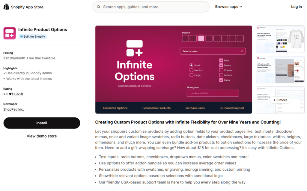 infinite product options shopify app