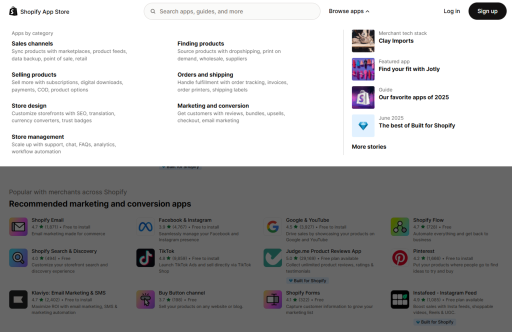 shopify app store categories