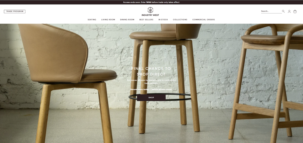 Industry West Shopify furniture homepage layout clean layout and structured product navigation