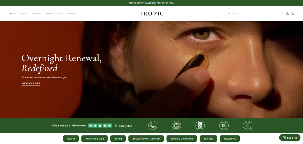 Tropic Skincare Shopify Markets homepage highlighting localized experience and global eCommerce expansion trend