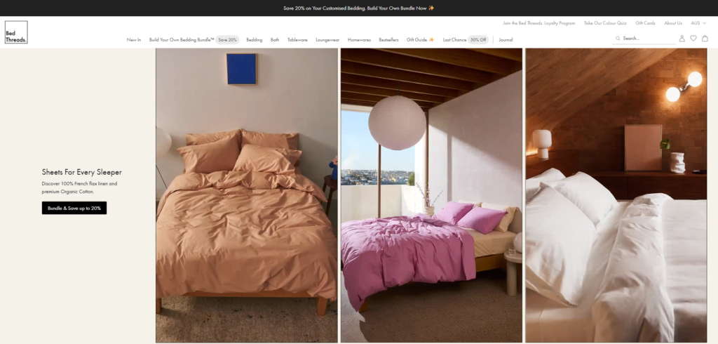 Bed Threads Shopify store homepage reflecting automation-led growth and retention-focused eCommerce trend