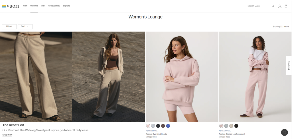 Vuori Shopify homepage showing modern layout and strong site performance.