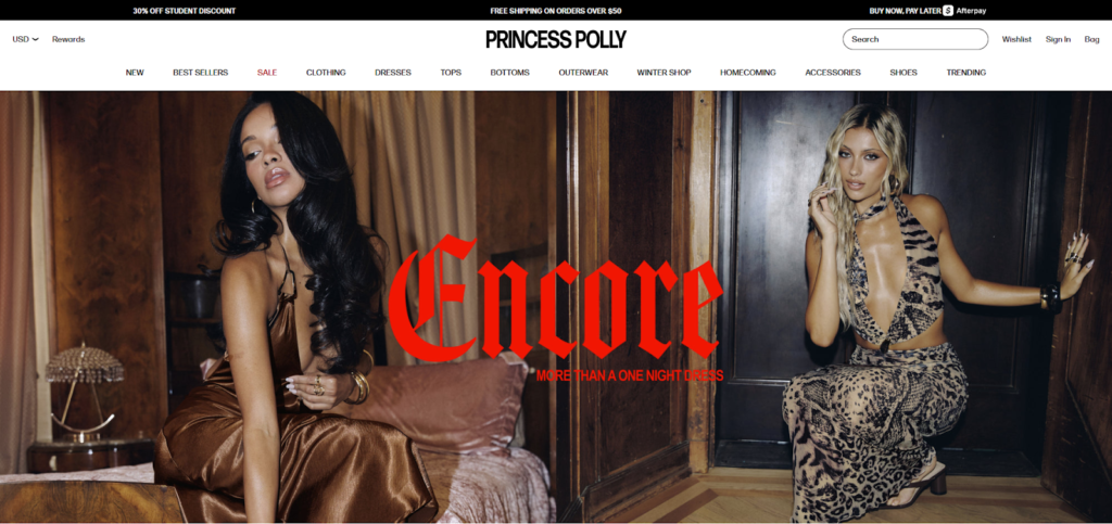 Princess Polly Shopify store homepage showcasing optimized checkout flow.