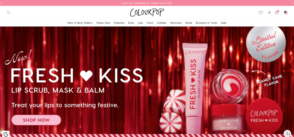 ColourPop Shopify store homepage focused on clean promotion and checkout design.