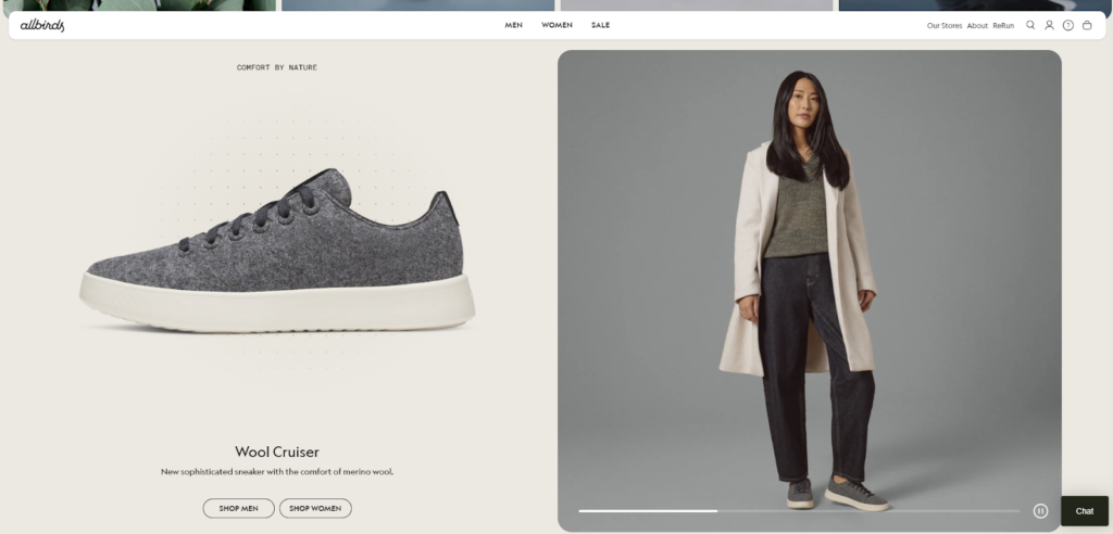 Allbirds Shopify homepage emphasizing sustainable logistics, carbon-neutral fulfillment, and brand transparency
