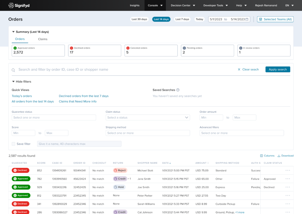 signifyd's dashboard to identify false declines
